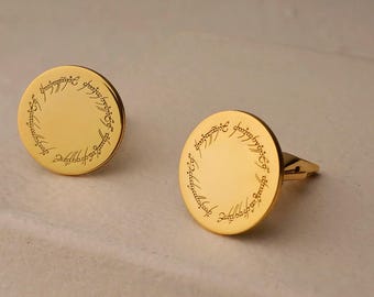 Lord of the Rings Cufflinks, Gold Round Cufflinks, Elvish Script Cufflinks, Tolkien Inspired Wedding Gift for Men