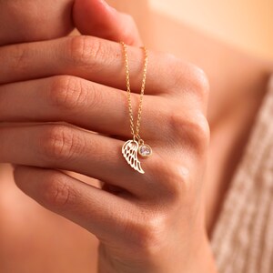 Birthstone Angel Wing Necklace, Minimalist Memorial Jewelry