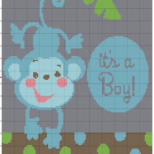 Könnte beinhalten: Ein blauer Affe mit rosa Nase und Mund, der einen blauen Kreis mit dem Text "it's a Boy!" in Weiß hält. Der Hintergrund ist grau mit einem grünen Blatt oben rechts. Der untere Teil des Bildes ist ein braunes und weißes Punkte-Muster.