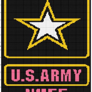 Op de afbeelding: Een zwart en geel pixel art ontwerp van een ster met een wit centrum. De tekst "U.S. ARMY WIFE" staat in roze letters onder de ster.