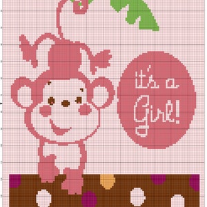 May include: Pink monkey with a green leaf above its head holding a pink circle with the text "It's a Girl!" on a brown background with white, pink, and yellow polka dots.