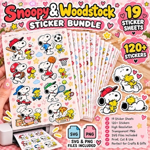 May include: A digital sticker bundle featuring Snoopy and Woodstock in various sports and activities. The collection includes 19 sticker sheets with over 120 individual designs, including baseball, basketball, skateboarding, and pizza themes.