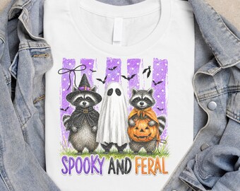 Spooky and Feral Raccoon Halloween Shirt PNG, Cute Ghost Raccoon Witch Graphic, Funny Halloween T-Shirt Design, Fall Sublimation