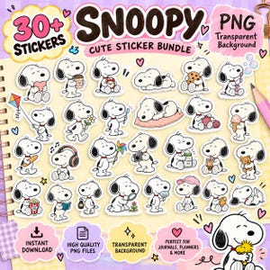May include: A digital sticker bundle featuring over 30 Snoopy illustrations in various poses, including holding a heart, eating a cookie, sleeping, and using a camera. The text reads 30+ STICKERS SNOOPY CUTE STICKER BUNDLE PNG Transparent Background.