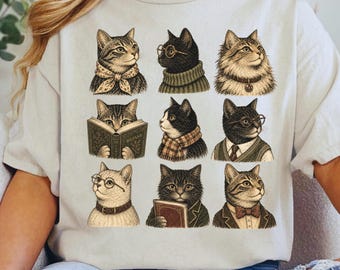 Bookish Cats PNG | Vintage Reading Cat Clipart | Book Lover Graphic | Retro Literary Shirt Design