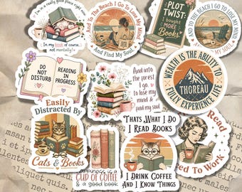Bookish Digital Stickers, Vintage Reading Stickers, Book Lover PNG Bundle, Coffee & Books Printable Stickers, Retro Literary Art