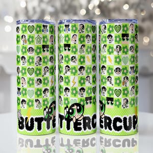 Diseño para vaso térmico de Buttercup de las Chicas Superpoderosas: Diseño de sublimación de 20 oz (archivo PNG)