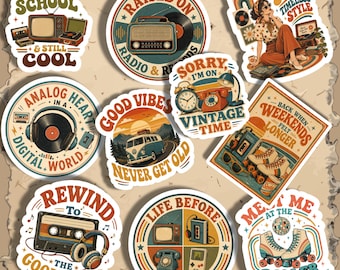 Retro Vintage Stickers, Nostalgia Sticker PNG, Old School Music Stickers, 70s 80s Retro Clipart, Digital Download