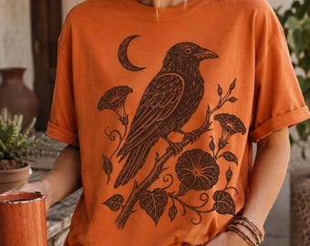 Linocut Raven PNG | Dark Gothic Bird Clipart | Crow Crescent Moon Graphic | Halloween Shirt Design.
