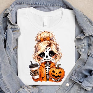 Cute Halloween Skeleton Girl with Pumpkin & Coffee PNG | Spooky Cute Autumn Fall Sublimation Design | Cozy Ghost Girl Digital Download