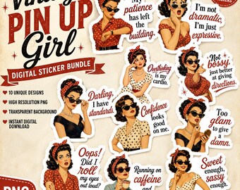 Vintage Pin Up Girl Sticker Bundle, Sassy Retro Woman Stickers, Funny 1950s Quotes, Retro Girly Die Cut Sticker Set