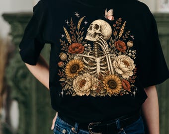 Floral Skeleton PNG Digital Download, Boho Botanical Skull Clipart, Dark Cottagecore Sublimation DTF Design, Gothic Skull Tshirt PNG