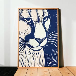 Navy Blue Puma Printable Wall Art, Modern Wildlife Print, Bold Animal Poster, Contemporary Jungle Wall Decor, Big Cat Illustration DIGITAL
