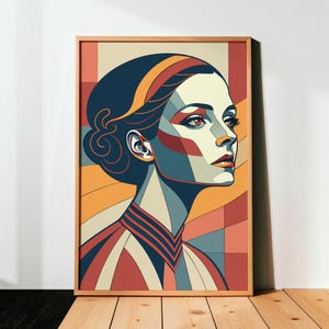 Modern Mid-Century Woman Wall Art, Retro Abstract Portrait Print, Retrofuturism, Sci-Fi Art Deco Style Illustration, Digital Download Art