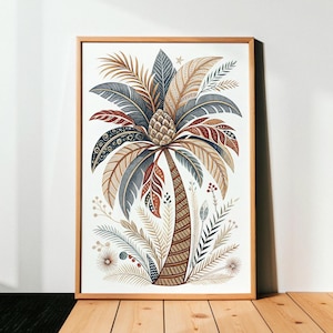 Impresión de palmera de mediados de siglo, arte mural costero bohemio, decoración botánica abstracta retro, imprimible geométrico de playa tropical, descarga digital