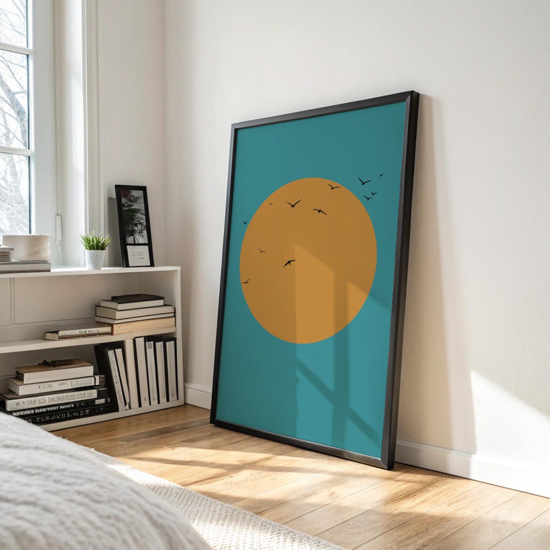 Minimalist Sunset Art Print, Teal and Orange Birds, Mid-century Modern ...