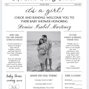May include: A baby shower announcement designed as a newspaper front page. The headline reads "The New Baby Times" with the date June 21, 2025. The announcement is for Denise Isabel Martinez, with a photo of the parents-to-be.