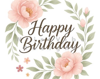 Watercolor Floral Birthday Card Art: Elegant Printable (PNG JPG Digital Download)