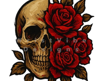 Gotisk dödskalle och röda rosor PNG: Vintage tatueringssublimeringsdesign