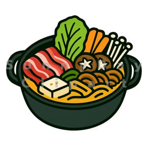 May include: A cartoon illustration of a black pot filled with a variety of ingredients. The pot contains noodles, tofu, mushrooms, carrots, green leafy vegetables, and strips of meat. The food is arranged in a visually appealing way.