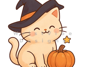 May include: A cartoon illustration of a cream-colored cat wearing a black witch hat with an orange band. The cat is smiling, with pink cheeks, and is sitting next to an orange pumpkin and a gold star. The image has a Halloween theme.