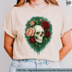 Watercolor Skull with Roses PNG | Gothic Floral Sublimation Design for Shirt Printing