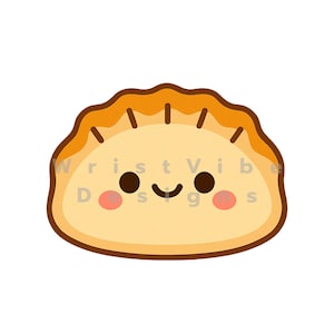 May include: A cartoon dumpling illustration with a smiling face, rosy cheeks, and a brown outline. The dumpling is light yellow with a darker brown edge and top. The text "Wrist Vibe Designs" is partially visible.