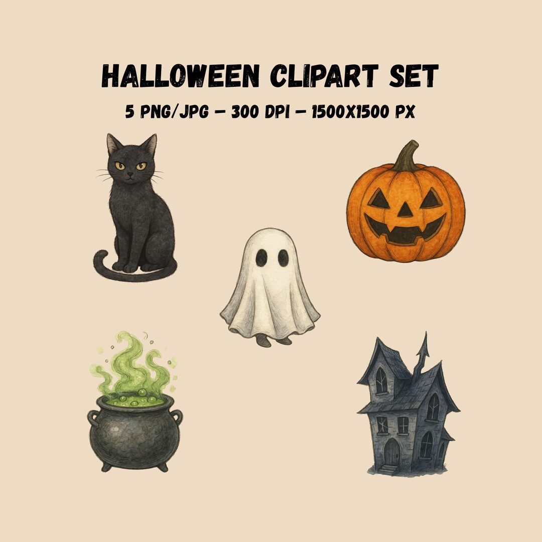 Halloween Clipart Set: Black Cat, Pumpkin, Ghost (PNG & JPG Digital ...
