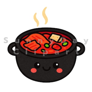 Puede incluir: Ilustración de dibujos animados de una olla negra llena de sopa roja, kimchi y verduras. La olla tiene una cara sonriente con mejillas rosadas. El vapor se eleva de la sopa. El texto "Sunny Day Clip Art" es parcialmente visible.