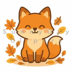 Peut inclure: Illustration de renard souriant avec une fourrure orange et une queue à pointe blanche, entouré de feuilles d'automne. Les feuilles sont orange et jaunes. Le texte "Sunny Day Clipart" est partiellement visible.