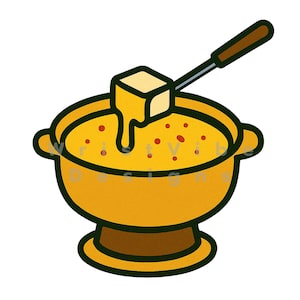 Puede incluir: Ilustración de dibujos animados de una olla de fondue llena de queso derretido, con un cubo de queso en un tenedor de mango largo. La olla es amarilla con una base y asas marrones, y el queso tiene puntos rojos.