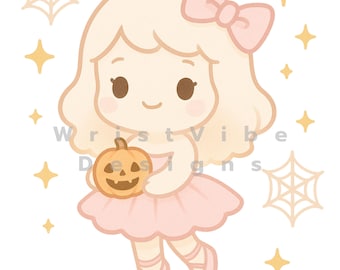 May include: A cute cartoon illustration of a girl in a pink tutu holding a carved pumpkin. The girl has blonde hair, a pink bow, and is surrounded by stars and spiderwebs. The text "Wrist Vibe Designs" is in the image.