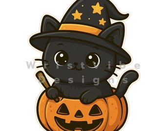 May include: A cartoon illustration of a black cat wearing a witch hat with yellow stars, sitting inside an orange jack-o'-lantern. The cat has large, round eyes and a small wooden wand. A Halloween-themed design.