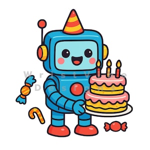 Puede incluir: Ilustración de un robot azul sonriente con un gorro de fiesta y sosteniendo un pastel de cumpleaños rosa y amarillo de dos niveles con tres velas encendidas. También se incluyen caramelos y un bastón de caramelo.