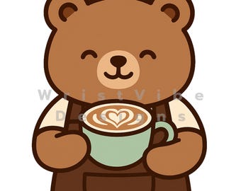 May include: A cartoon illustration of a brown bear barista holding a teal coffee cup with a heart-shaped design in the foam. The bear wears a brown apron and a cream-coloured shirt. The image has the text "WristVibe Designs".