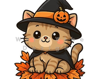 May include: A cartoon illustration of a tan tabby cat wearing a black witch hat with an orange pumpkin and a black cape. The cat is sitting on a bed of orange autumn leaves. The cat has large eyes and pink cheeks.