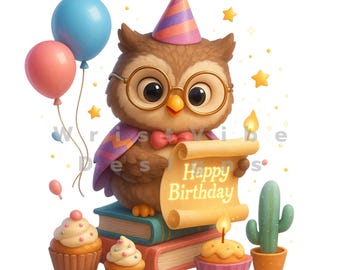 Birthday Owl Clipart: Woodland Party Animal PNG JPG (Digital Download)