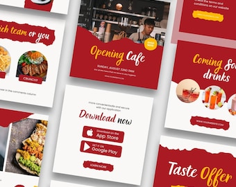 May include: A collection of red and white food-themed promotional graphics. The graphics advertise desserts, special cakes, fresh food, and drinks. Some graphics include text like "Delicious Foods" and "Opening Cafe."