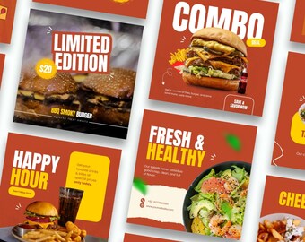 May include: A collection of square social media posts with a warm orange background. The posts feature images of burgers, fries, salads, and other fast food items. Text includes "Every Bite", "Combo", "Happy Hour", and "Fresh & Healthy".