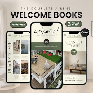 Op de afbeelding: Drie smartphones tonen digitale Airbnb welkomstboek-sjablonen met crèmekleurige achtergronden en donkergroene accenten. De schermen tonen tekst waaronder "THE COMPLETE AIRBNB WELCOME BOOKS," "PLACES TO SEE," "welcome!," en "CONNECT TO WIFI."