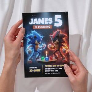 May include: A birthday party invitation featuring Sonic the Hedgehog and Shadow the Hedgehog. The invitation reads "JAMES 5 IS TURNING" with event details. The design includes a blue and red color scheme with a dark background.