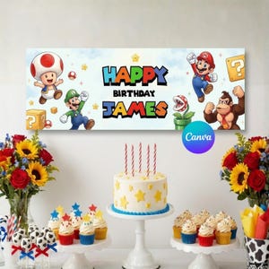Plantilla de Canva para pancarta de cumpleaños de Super Mario / Fondo para fiesta de nivel de videojuegos / Letrero imprimible para niños / Archivo digital de Super Hermanos