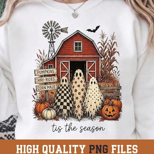 Tis The Season Ghost Trio PNG, Checkered Floral Polka Dot Sublimation, Farmhouse Pumpkin Patch Fall, Vintage Cottagecore Digital Download