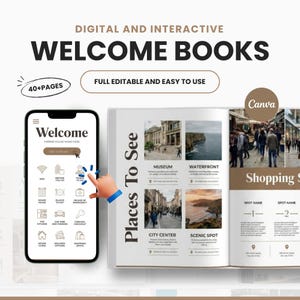 Könnte beinhalten: Digitale und interaktive Willkommensbuch-Vorlage mit über 40 Seiten. Das Design zeigt ein Smartphone mit einem Willkommensmenü mit Symbolen und ein Buchlayout mit Abschnitten für Sehenswürdigkeiten und Shopping. Der Text umfasst Digital and Interactive Welcome Books, Full Editable and Easy to Use und Canva.