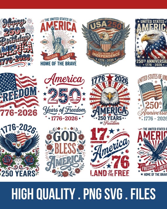 USA 250th Anniversary SVG PNG Bundle, We The People America 250 Emblem, 1776-2026 Semiquincentennial Flag, 4th of July Cricut Download