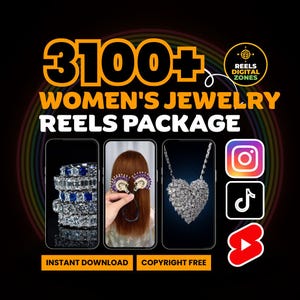 Puede incluir: Un anuncio de un paquete de Reels de joyería para mujeres, con imágenes de joyas en teléfonos inteligentes. El texto dice "3100+ Women's Jewelry Reels Package" con iconos de redes sociales para Instagram, TikTok y YouTube.