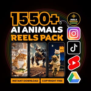 Könnte beinhalten: Eine Werbegrafik mit dem Text "1550+ KI-TIERE REELS PACK". Sie zeigt KI-generierte Tierbilder auf Handybildschirmen, zusammen mit Instagram-, TikTok-, YouTube- und Google Drive-Logos sowie den Sätzen "SOFORTIGER DOWNLOAD" und "KOSTENLOSES COPYRIGHT".