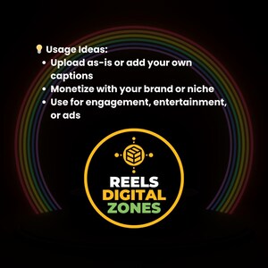 May include: A black graphic with a rainbow arch and a yellow circle containing the text "REELS DIGITAL ZONES." The text "Usage Ideas" is at the top, followed by bullet points: "Upload as-is or add your own captions," "Monetize with your brand or niche," and "Use for engagement, entertainment, or ads."