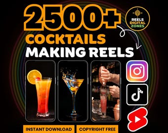 May include: An advertisement for cocktail-making reels, featuring the text "2500+ COCKTAILS MAKING REELS." The image includes three smartphone screens displaying cocktails and a person making a cocktail. Social media icons for Instagram, TikTok, and YouTube are also present.