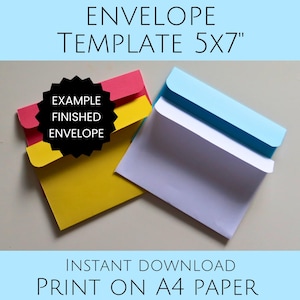 May include: Image of colorful envelope templates. The image shows a yellow, red, and blue envelope. The text on the image says "ENVELOPE TEMPLATE 5X7" and "EXAMPLE FINISHED ENVELOPE". The bottom of the image says "INSTANT DOWNLOAD PRINT ON A4 PAPER".